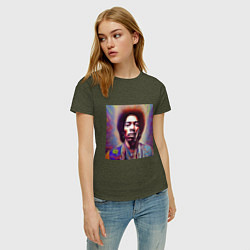 Футболка хлопковая женская Jimi Hendrix digital glitch art, цвет: меланж-хаки — фото 2