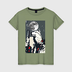 Женская футболка Волк на фоне луны - мегаполис - нейросеть