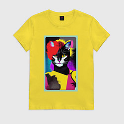 Футболка хлопковая женская Lady cat - pop art - neural network, цвет: желтый