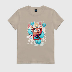 Футболка хлопковая женская Милый монстр фотограф, цвет: миндальный