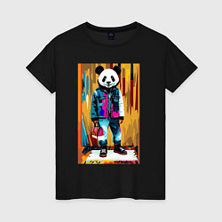 Футболка хлопковая женская Funny panda - pop art, цвет: черный