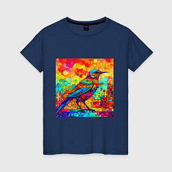 Футболка хлопковая женская Красочная птица - мозаика - нейросеть, цвет: тёмно-синий