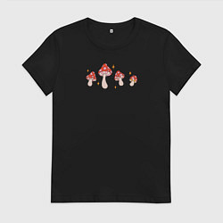 Футболка хлопковая женская Грибы мухоморы в ретро стиле, цвет: черный