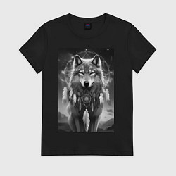 Футболка хлопковая женская Шаман волк, цвет: черный