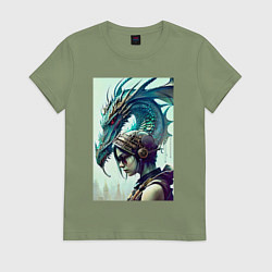 Женская футболка Девчонка в шлеме и дракон - киберпанк