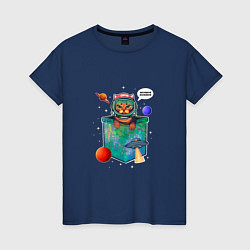 Футболка хлопковая женская Кот космонавт в кармане, цвет: тёмно-синий