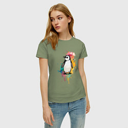 Футболка хлопковая женская Красочный пингвин, цвет: авокадо — фото 2