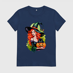 Футболка хлопковая женская Рыжая ведьма с тыквой и черным котом, цвет: тёмно-синий