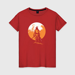 Футболка хлопковая женская Самурай на фoне солнца, цвет: красный