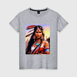 Футболка хлопковая женская Индейская девушка с племени, цвет: меланж