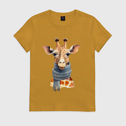Футболка хлопковая женская Жираф в шарфе Осень, цвет: горчичный