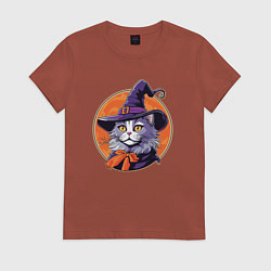 Футболка хлопковая женская Кот ученый в шляпе, цвет: кирпичный