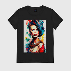 Футболка хлопковая женская MoMo - женщина в синей шляпе, цвет: черный