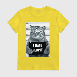 Футболка хлопковая женская Кот преступник уголовник с табличкой, цвет: желтый