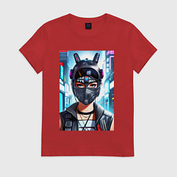 Футболка хлопковая женская Красавица в рогатом шлеме - киберпанк, цвет: красный