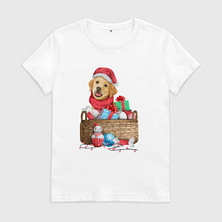 Футболка хлопковая женская Песик в коробке с подарками, цвет: белый