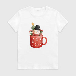 Футболка хлопковая женская Снеговик в кружке кофе, цвет: белый