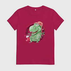 Футболка хлопковая женская Новогодний тирекс, цвет: маджента