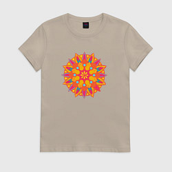 Футболка хлопковая женская Оранжевая и желтая мандала, цвет: миндальный