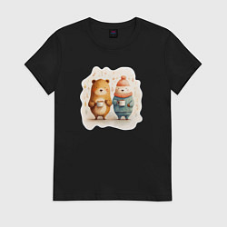 Футболка хлопковая женская Два медведя пьют кофе утром, цвет: черный