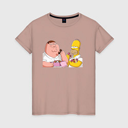 Футболка хлопковая женская Питер и Гомер едят пончики, цвет: пыльно-розовый