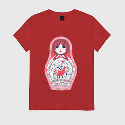 Футболка хлопковая женская Матрешка красно черная с птицей петух, цвет: красный