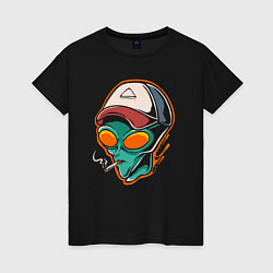 Футболка хлопковая женская Smoking alien, цвет: черный