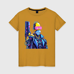 Футболка хлопковая женская Гомер Симпсон с пистолетом - киберпанк, цвет: горчичный