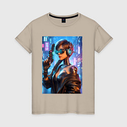 Женская футболка Крутая девчонка с пистолетом - киберпанк