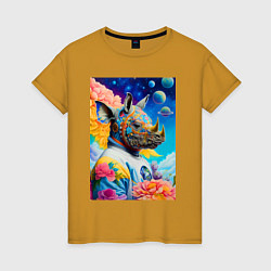 Футболка хлопковая женская Инопланетная носорожка - фантазия, цвет: горчичный