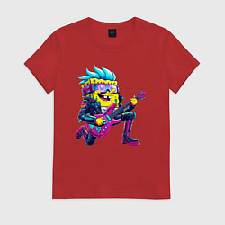 Футболка хлопковая женская Губка Боб - рок гитарист - нейросеть, цвет: красный
