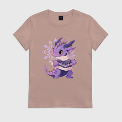 Футболка хлопковая женская Фиолетовый дракон в свитере, цвет: пыльно-розовый