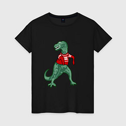 Футболка хлопковая женская Динозавр в новогоднем свитере, цвет: черный