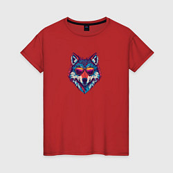 Футболка хлопковая женская Красочный волк в стильных очках, цвет: красный