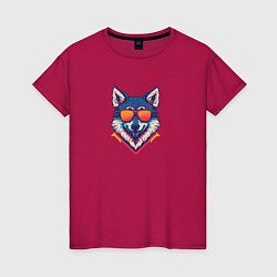 Футболка хлопковая женская Красочный волк в очках, цвет: маджента
