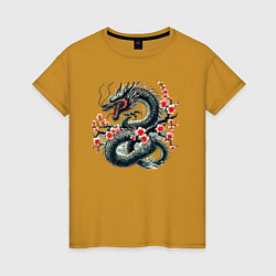 Футболка хлопковая женская Japanese dragon and sakura - irezumi, цвет: горчичный