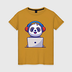 Футболка хлопковая женская Панда за ноутбуком, цвет: горчичный
