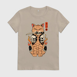 Футболка хлопковая женская Огненный кот якудза самурай, цвет: миндальный