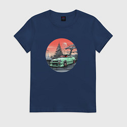 Футболка хлопковая женская Японский автомобиль в закатной пустоши, цвет: тёмно-синий