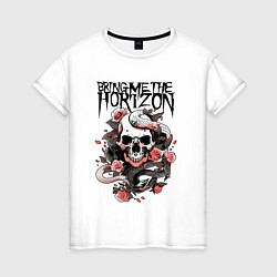 Футболка хлопковая женская Bring Me the Horizon - A skull with roses, цвет: белый