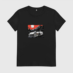 Футболка хлопковая женская Тойота Супра в горах в алом закате, цвет: черный