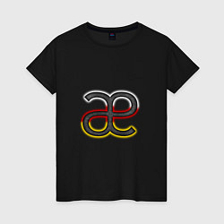 Футболка хлопковая женская Буква осетинского алфавита с национальным триколор, цвет: черный