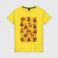 Футболка хлопковая женская Мишки в цветных свитерах и сердечки, цвет: желтый