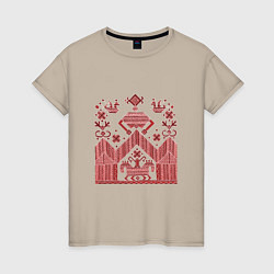 Футболка хлопковая женская Красные славянская узоры вышивки, цвет: миндальный