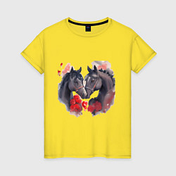Футболка хлопковая женская Влюбленные вороные лошади, цвет: желтый