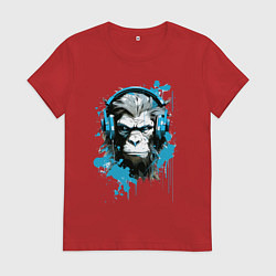 Футболка хлопковая женская Обезьяна меломан в наушниках, цвет: красный