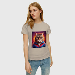 Футболка хлопковая женская Полосатый кот в спортивной куртке, цвет: миндальный — фото 2