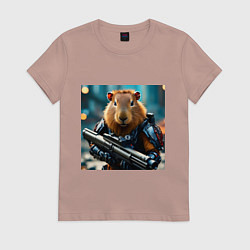 Футболка хлопковая женская Мем вооруженная капибара и автомат, цвет: пыльно-розовый