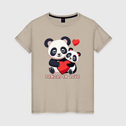 Футболка хлопковая женская Влюбленные панды с сердцем, цвет: миндальный