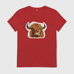 Футболка хлопковая женская Шотландский волосатый бык, цвет: красный